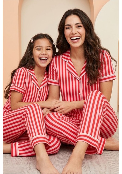 Siyah İnci Pamuklu Likralı Düğmeli Pijama Takım Kırmızı Pembe