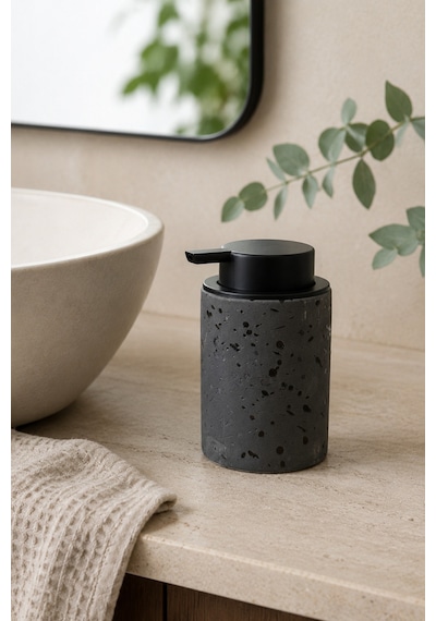 Terra Stoneware Traverten Dokulu Siyah Pompalı Dekoratif Sıvı Sabunluk 500 Ml , 13 X 7.5 Cm