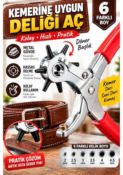 Evde 6 Farklı Boy Kemer Delme Pensesi Döner Başlıklı Metal Delik Açma Aparatı Deri Kemer Kayışı İçin