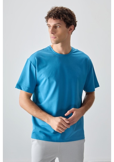 Air Jones Tommy Life Petrol Mavi Pamuklu Kalın Yumuşak Dokulu Oversize Fit Basic Erkek T-shirt - 88377 Petrol Mavi