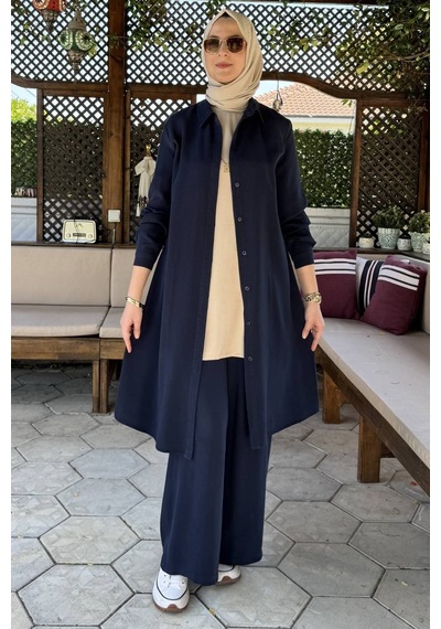 Rabia Şamlı İnci Pantolonlu Takım Lacivert Normal