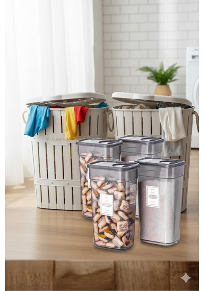 Mega Set 2 Adet 65 Lt Kirli Çamaşır Sepeti & 4 Adet 3200 Ml Deterjan Saklama Kabı Hediyeli Beyaz - 786905809 Beyaz