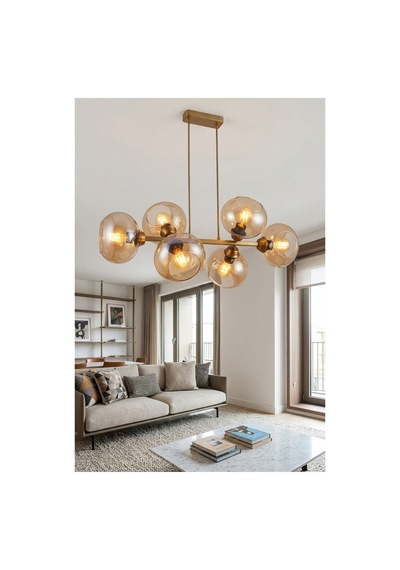 Emere 6'lı Bal Camlı Eskitme Gövdeli Modern Sarkıt Avize Oturma Odası Salon Eskitme Eskitme