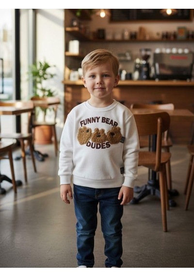 Zekids Erkek Çocuk Peluş Ayıcık İşlemeli Sweatshirt-16393 Ekru