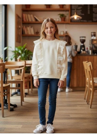 Kız Çocuk Pamuklu Dantel Detaylı Sweatshirt-16338 KREM