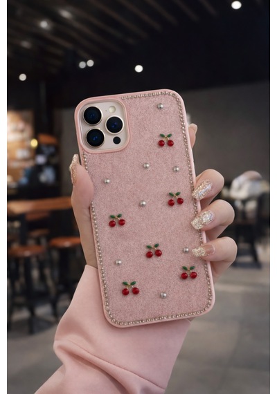 Apple Uyumlu iPhone 16 Pro Max Kiraz Figürlü Simli İnci Taşlı Lüx Silikon Kılıf Pembe
