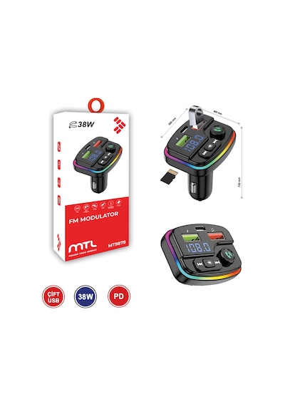 38w Pd Ve Qc Destekli Type-c Çıkışlı Bluetooth Fm Modülatör, Rgb Işıklı Hızlı Araç Şarj Cihazı
