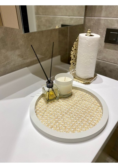 Rattan Hazeran Yuvarlak Tepsi Beyaz %100 Doğal Hazeran