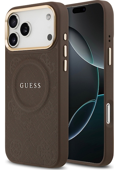 Apple Uyumlu iPhone 17 Pro Max Kılıf Guess Lisanslı M-safeli Sıcak Baskı Yazı Logolu Pu Deri Peony Kahverengi Kahverengi