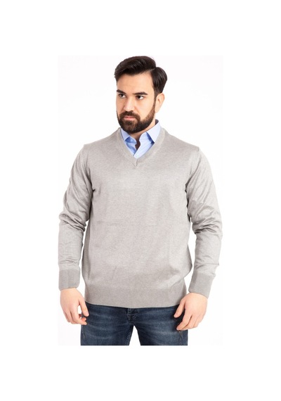Nacar Store Erkek Gri İnce Yün Triko V Yaka Triko Kazak