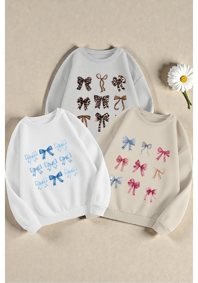 Uyguntarz Çok Renkli En Sevilen Kurdele Baskılı Sweatshirt 3'lü Fırsat Paketi