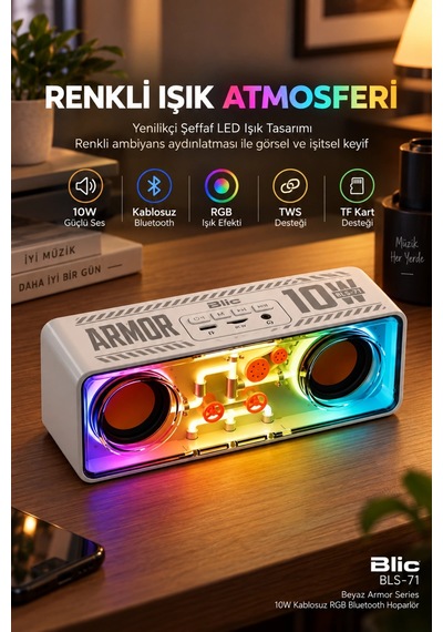 Blic Bls-71 Beyaz Armor Series 10w Kablosuz Rgb Bluetooth Hoparlör Tws Tf Kart Desteği
