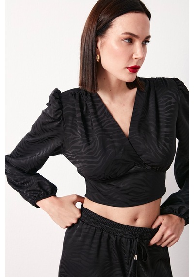 Sateen Desenli Kruvaze Saten Bluz - Siyah-134487