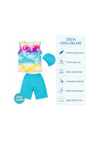 Rony Pony Kids Kız Çocuk Palmiye Desenli 3 Lü Mayo Takımı Şort, Kolsuz Üst Ve Bone Turkuaz Rony Pony Kids Kız Çocuk Palmiye Desenli 3 Lü Mayo Takımı Şort, Kolsuz Üst Ve Bone Turkuaz