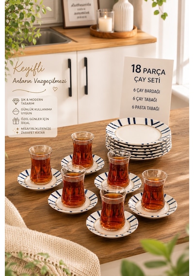 Porsima Yasemin Dicle 18 Parça 6 Kişilik Çizgili Porselen Pasta Ve Çay Takımı Sunum Seti Çok Renkli