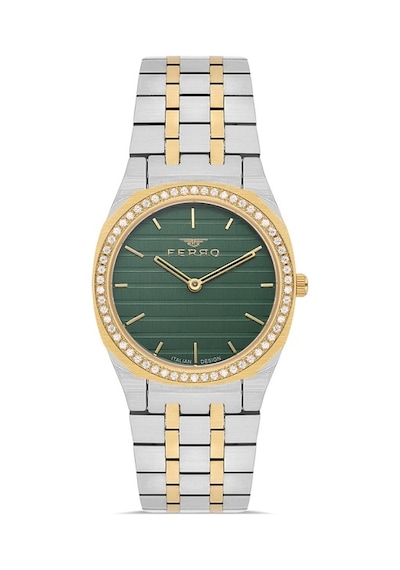 Ferro Quartz Çelik Altın/gri Yeşil Kadran 32 Mm Kelebek Kilit Kadın Kol Saati Gri