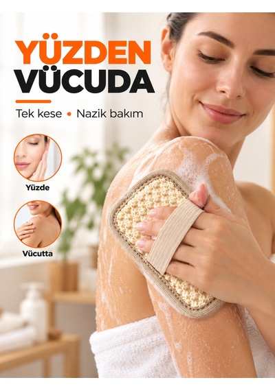 Hanex Doğal Pamuk Yüz ve Vücut Kesesi Yumuşak Dokulu Banyo ve Temizlik Kesesi 18 CM