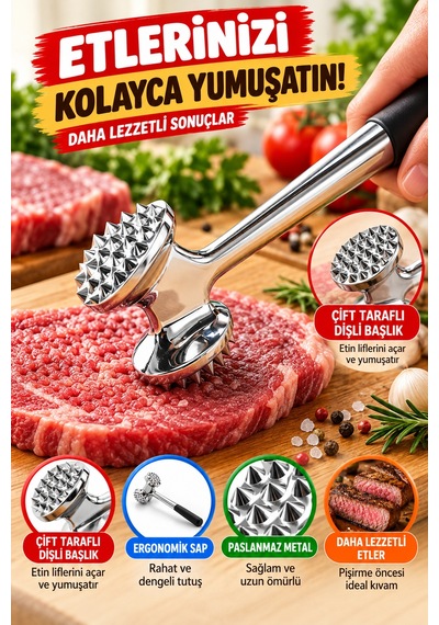Çift Taraflı Metal Et Döveceği Et Yumuşatıcı Dişli Et Tokmağı Biftek Tavuk Şnitzel Dövme Aparatı 1 Adet