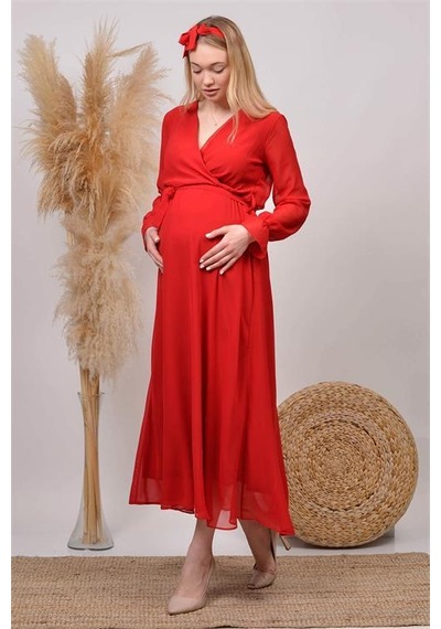 Dip Moda Kadın Beyaz Baby Shower Şifon Hamile Elbise Dphml003 Kırmızı
