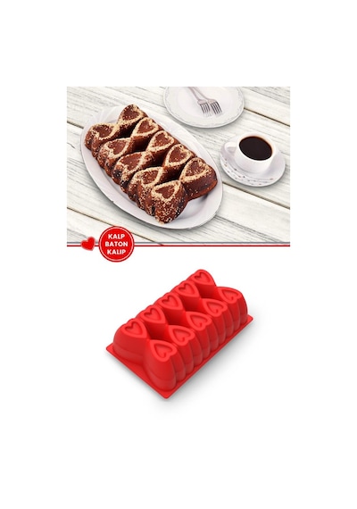 Kalp Desenli Risotto Silikon Baton Kek Kalıbı 26x16 Cm Kırmızı