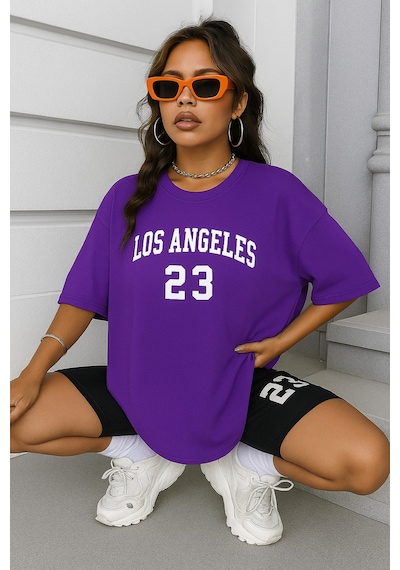 Los Angeles Baskılı Oversize Unisex Tişört Mor