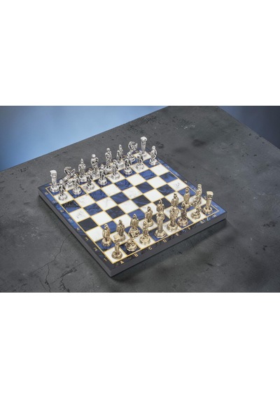 Lüks Metal Satranç Takımı Krom Kaplama Roma Ordusu Figür & Gök Mavi Mermer Desenli Tahta 20 Cm.