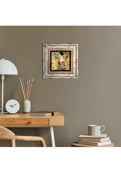 Gustav Klimt Yelpazeli Kadın Taş Duvar Tablosu - Çerçeveli Taş Tablo - Dekoratif Duvar Sanatı - Modern Ev Ve Ofis Duvar Dekoru T1-275