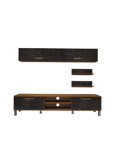 Decoraktiv Eko 5 Mdf Dvd Krom Ayaklı Tv Ünitesi Tv Sehpası Ceviz - Siyah Mermer