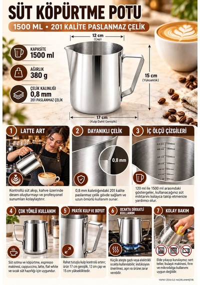 201 Çelik 1500 Ml Kahve Süt Köpürtme Ve Latte Art Potu Sütlük Pitcher Mt317