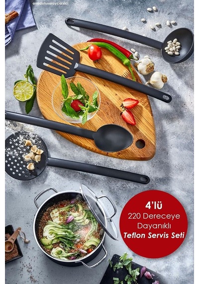 4 Lü Yanmaz Yapışmaz Mutfak Servis Seti - Kepçe, Kevgir, Spatula, Kaşık 220 C Dayanıklı Silikon Ço Diğer