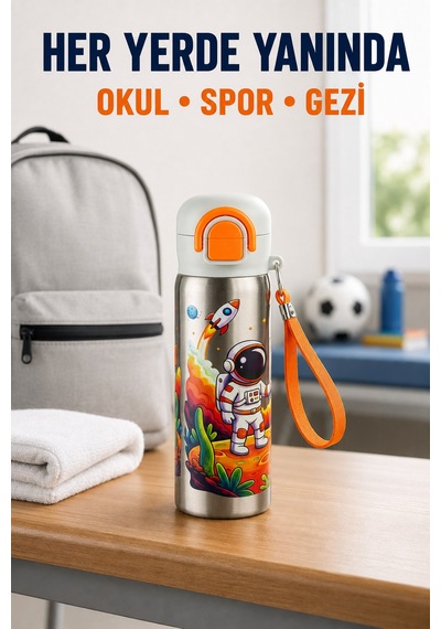 Siply Desenli Paslanmaz Çelik Okul Matarası 600ml Pembe Beyaz Turuncu