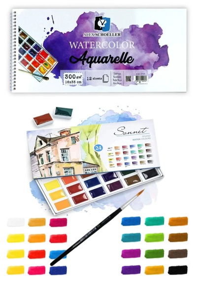 Alex Schoeller Aquarelle Sulu Boya Defteri 300gr 16x35cm 12yp Spiralli St. Petersburg Sonnet 24lü Tablet Karton Kutu Sulu Boya Set Karışık Renkli