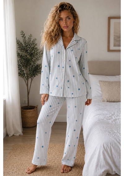 Kadın Örme Gömlek Yaka Mavi Pijama Takımı