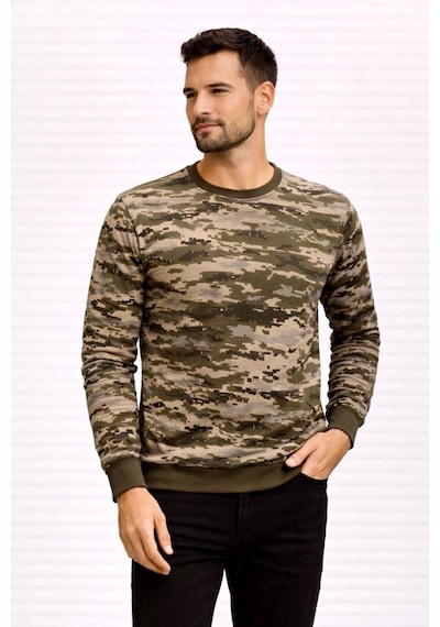 Erkek Kamuflaj Desenli 2 İplik 4 Mevsim Uzun Kollu Bisiklet Yaka Sweatshirt - Kamuflaj