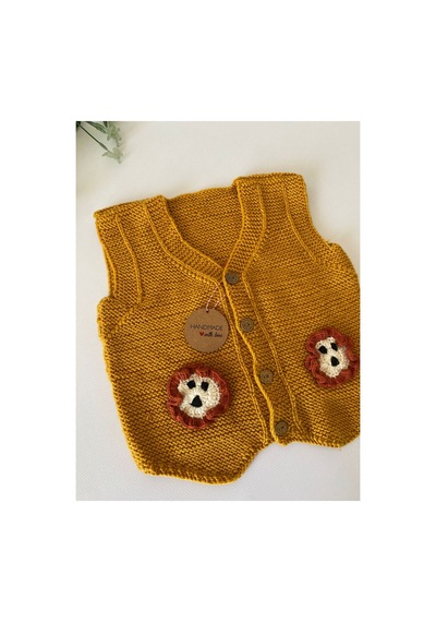 Adenya Sepeti El Örgüsü Aslan Figürlü Bebek Yeleği Handmade Kiremit Renk Detaylı Hardal