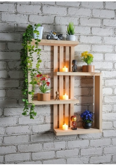 Delmeden Montaj Ahşap Duvar Rafı - 60x50 Cm Çift Taraflı Bant Uyumlu Modern Raf Bej