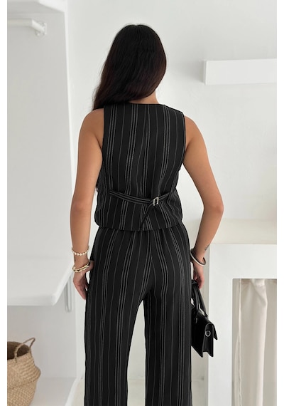 Asprin Fashion Çizgili Kumaş Yelek Takım Siyah Siyah