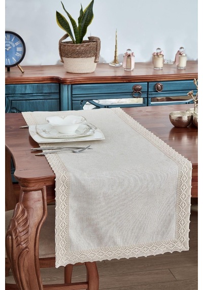 Evlen Home %100 Keten Pamuk Dantelli Runner 50x130 Cm Linen Kumaş Masa Örtüsü Sehpa Leke Tutmaz Mutfak Bej