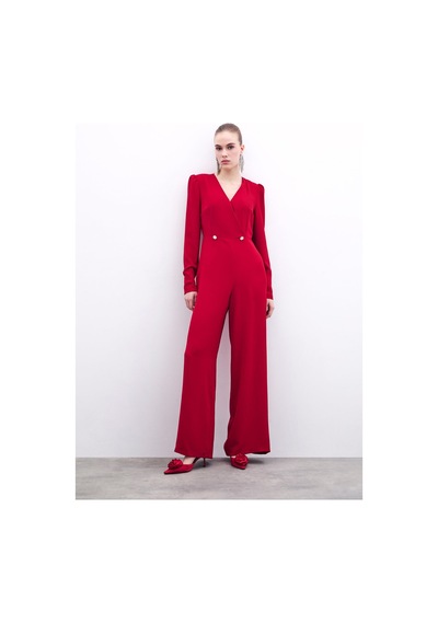 Sateen Kruvaze Süs Taşlı Krep Tulum - Kırmızı