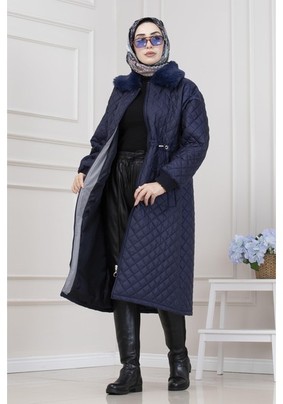 Yakası Kürklü Capitone Mont-lacivert-5564 Lacivert