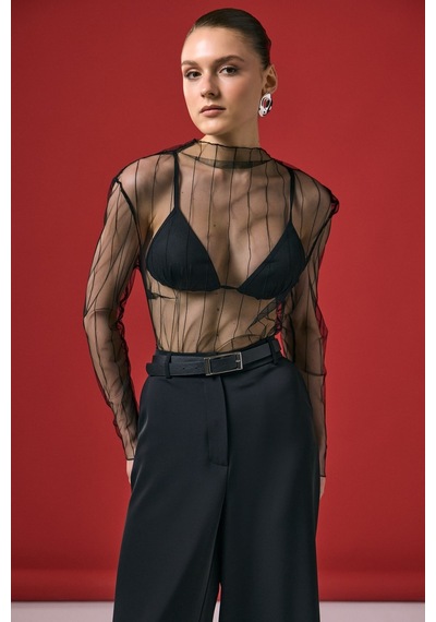 Ckm Moda Vaze Çizgili Transparan Bluz Siyah
