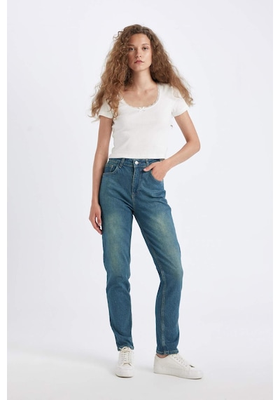 Defacto Comfort Mom Yüksek Bel Uzun Jean Yıkamalı Pantolon D4302AX24AUNM28 Mavi