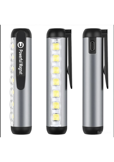 Mıknatıslı 4 Mod'lu 7 Led'li Mini El Feneri Şarjlı, Kamp Lambası Gece Aydınlatması Gri