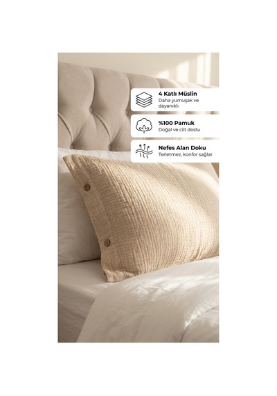 4 Katlı Müslin Naturel %100 Pamuklu 2 Adet Yastık Kılıfı 50x70cm Vizon - 875312156 Vizon