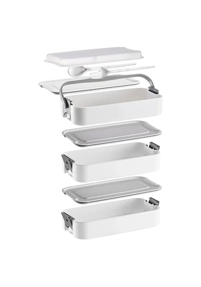 3 Katlı Bölmeli Lunchbox - Kilitli - Taşıma Saplı - Kaşık & Çatal Dahil Bej