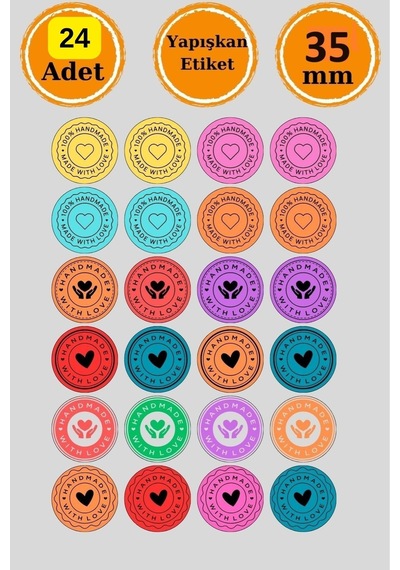 24 Adet - Handmade With Love Sticker - Paketleme Sticker - Handmade Sticker - Hediye Sticker Çok Renkli
