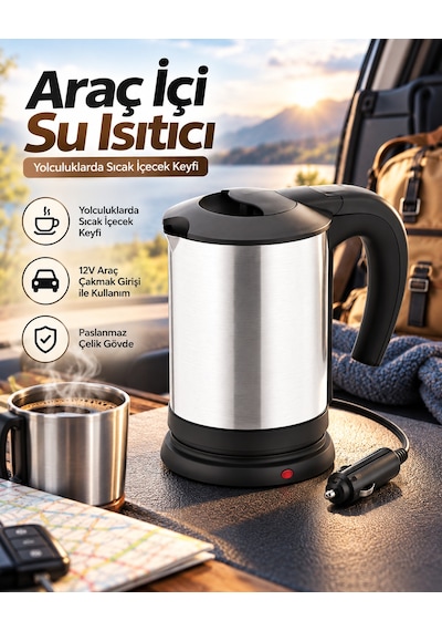 Otomobilde Kullanıma Uygun 12v Çakmak Soketli Paslanmaz Çelik Pratik Su Isıtıcı Kettle - Lisinya