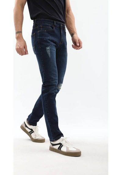 Blue White Erkek Dizi Yırtık Slim Fit Boya Detay Jean Pantolon Lacivert 36