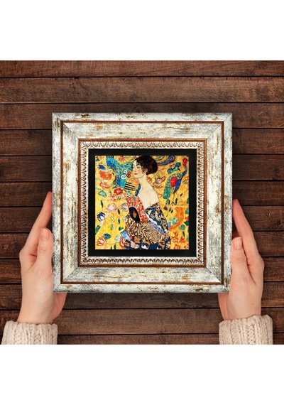 Gustav Klimt Yelpazeli Kadın Taş Duvar Tablosu - Çerçeveli Taş Tablo - Dekoratif Duvar Sanatı - Modern Ev Ve Ofis Duvar Dekoru T1-275