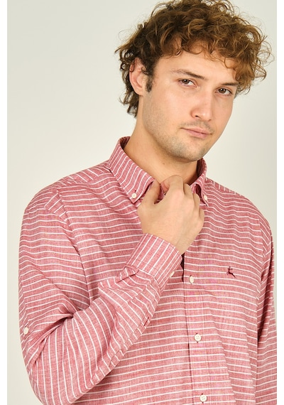 Figs Erkek Slim Fit Çizgili Uzun Kollu %100 Pamuk Gömlek 0015 Kırmızı Kırmızı
